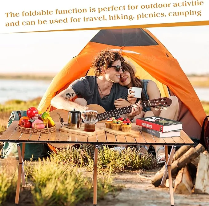 2 Pack Folding Picnic Table 4 ft Low Lightweight Camping Table Portable Collapsible Foldable Roll up Carbon Steel Camp Side Table with Carry Bag for Beach Party Patio Outdoor(Yellow Wood Color)