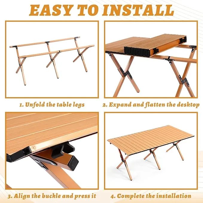 2 Pack Folding Picnic Table 4 ft Low Lightweight Camping Table Portable Collapsible Foldable Roll up Carbon Steel Camp Side Table with Carry Bag for Beach Party Patio Outdoor(Yellow Wood Color)