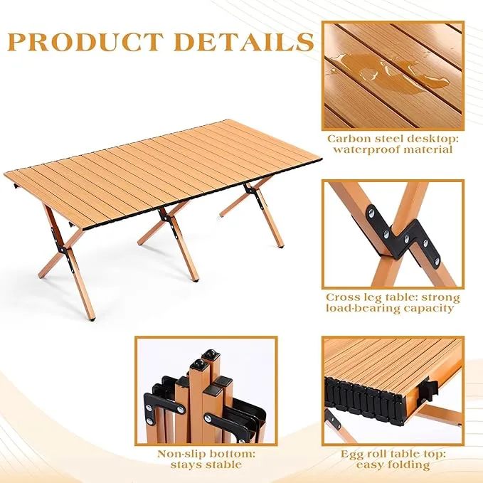 2 Pack Folding Picnic Table 4 ft Low Lightweight Camping Table Portable Collapsible Foldable Roll up Carbon Steel Camp Side Table with Carry Bag for Beach Party Patio Outdoor(Yellow Wood Color)