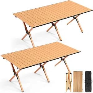 2 Pack Folding Picnic Table 4 ft Low Lightweight Camping Table Portable Collapsible Foldable Roll up Carbon Steel Camp Side Table with Carry Bag for Beach Party Patio Outdoor(Yellow Wood Color)