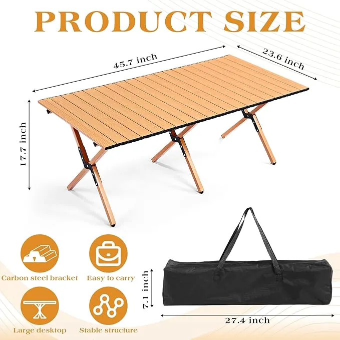 2 Pack Folding Picnic Table 4 ft Low Lightweight Camping Table Portable Collapsible Foldable Roll up Carbon Steel Camp Side Table with Carry Bag for Beach Party Patio Outdoor(Yellow Wood Color)