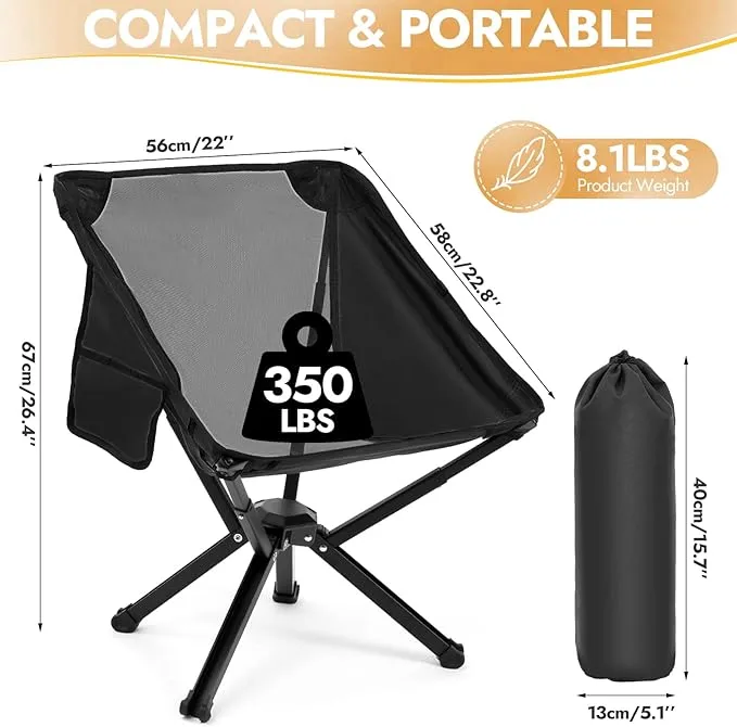 2 Pack Portable Chairs, Camping Chairs Supports 350 Lbs ，Lightweight Folding Chair - Backpacking Chair for Outdoor Camping, Beach, Fishing, Picnic, Lawn, Concert, Hiking, Black
