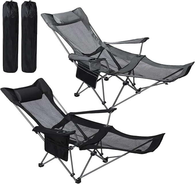 2 Pack Reclining Camping Chairs with Footrest Portable Lightweight Mesh Folding Outdoor Camping Lounge Chair with Storage Bag Cup Holder Headrest for Adults Camping Picnics Fishing