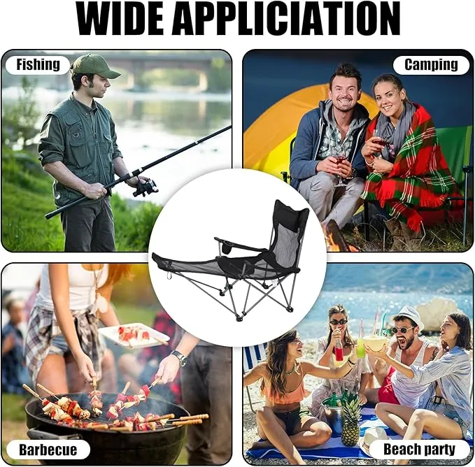 2 Pack Reclining Camping Chairs with Footrest Portable Lightweight Mesh Folding Outdoor Camping Lounge Chair with Storage Bag Cup Holder Headrest for Adults Camping Picnics Fishing