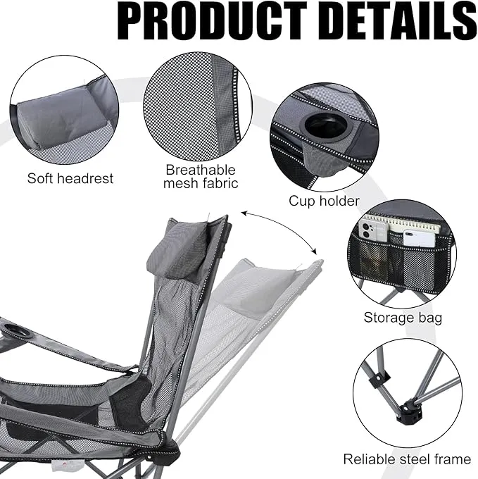 2 Pack Reclining Camping Chairs with Footrest Portable Lightweight Mesh Folding Outdoor Camping Lounge Chair with Storage Bag Cup Holder Headrest for Adults Camping Picnics Fishing
