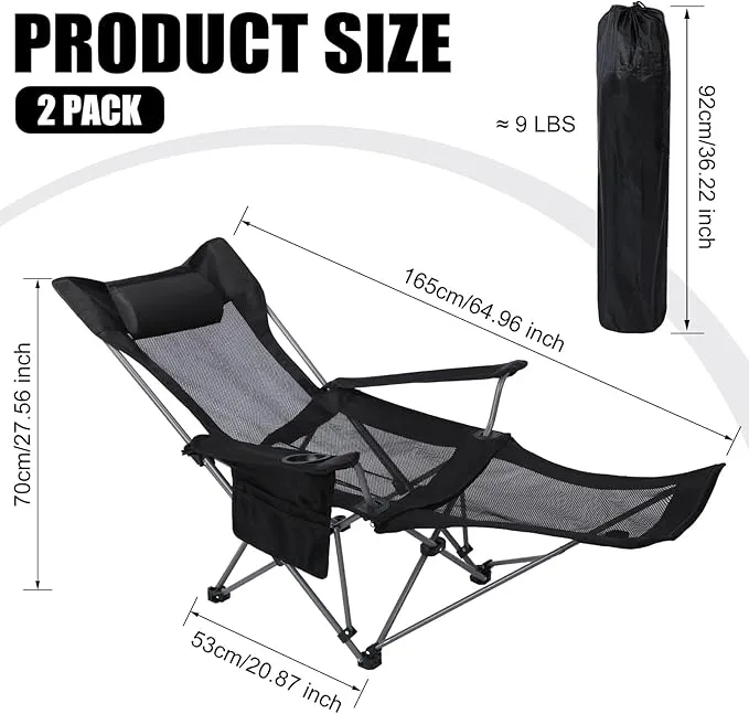 2 Pack Reclining Camping Chairs with Footrest Portable Lightweight Mesh Folding Outdoor Camping Lounge Chair with Storage Bag Cup Holder Headrest for Adults Camping Picnics Fishing
