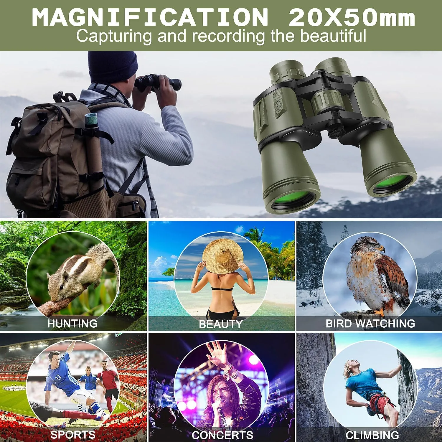 20x50 High Power Binoculars for Adults with Smartphone Adapter, HD Professional/Daily Waterproof Compact Binoculars for Bird Watching Hiking Concert Travel with BAK4 Prism FMC Lens, Green