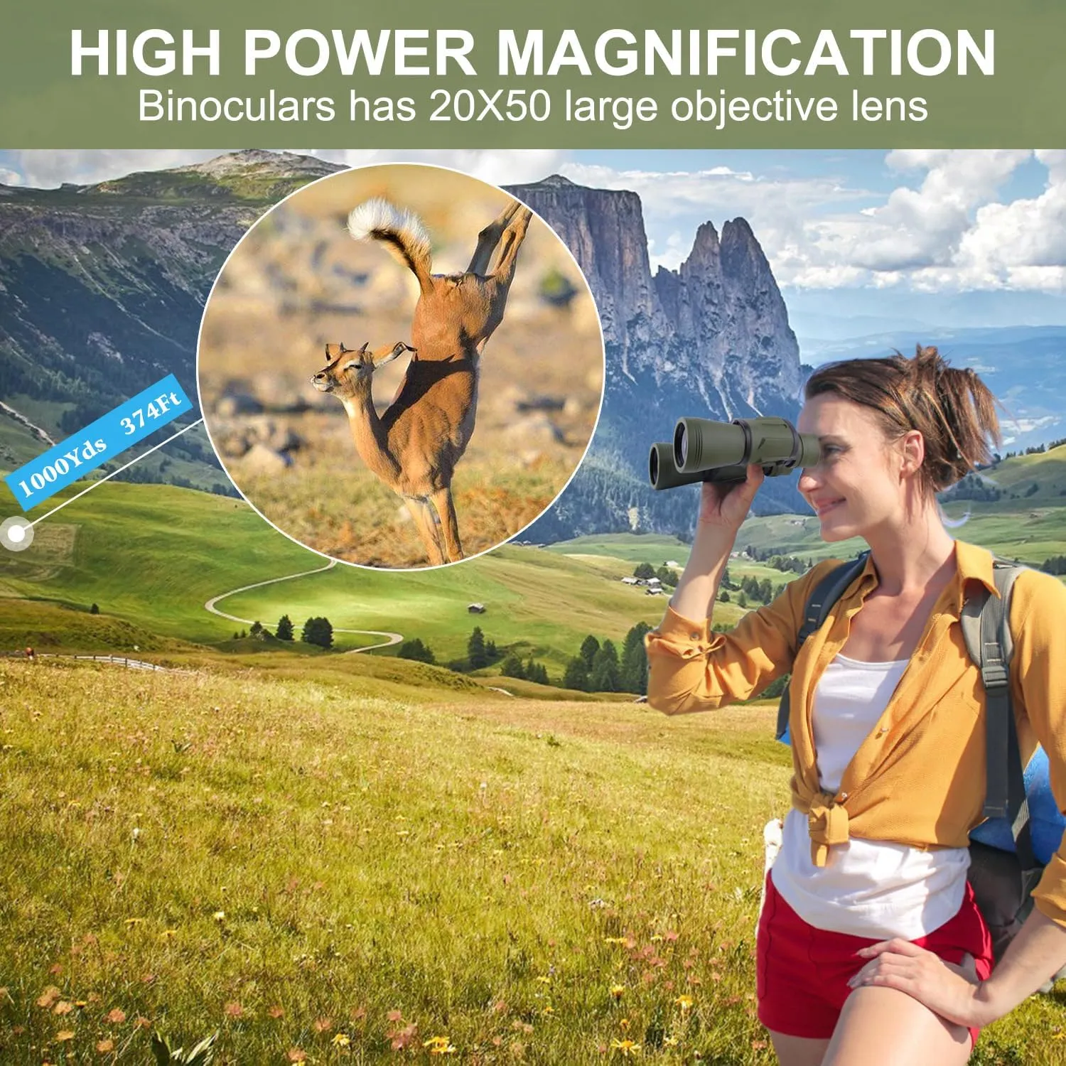 20x50 High Power Binoculars for Adults with Smartphone Adapter, HD Professional/Daily Waterproof Compact Binoculars for Bird Watching Hiking Concert Travel with BAK4 Prism FMC Lens, Green