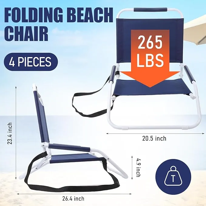 4 Pack Folding Beach Chair with Shoulder Strap Portable Camping Chair Low Outdoor Chair Foldable Sand Chair Lightweight Lawn Chair Supports 265 Lbs for Beach Camping Hiking(Navy Blue)