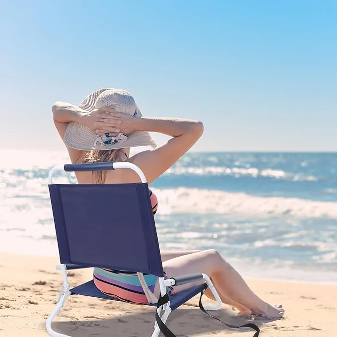 4 Pack Folding Beach Chair with Shoulder Strap Portable Camping Chair Low Outdoor Chair Foldable Sand Chair Lightweight Lawn Chair Supports 265 Lbs for Beach Camping Hiking(Navy Blue)
