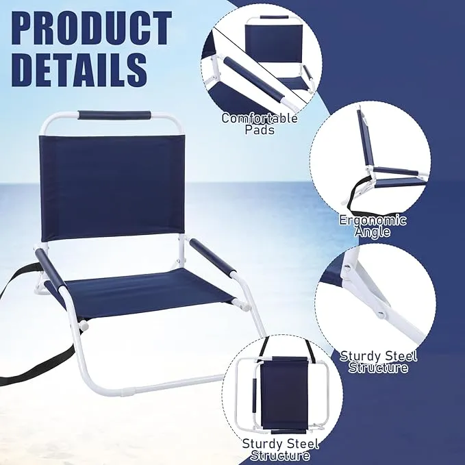 4 Pack Folding Beach Chair with Shoulder Strap Portable Camping Chair Low Outdoor Chair Foldable Sand Chair Lightweight Lawn Chair Supports 265 Lbs for Beach Camping Hiking(Navy Blue)