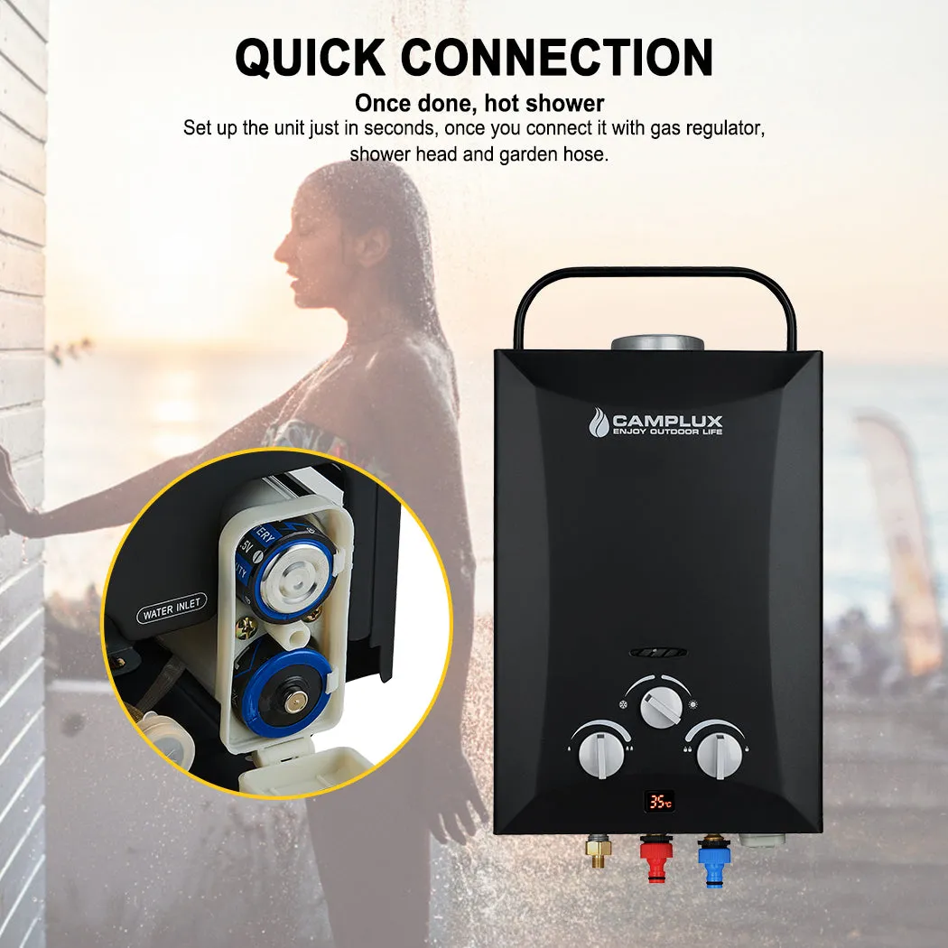 8 Liter Camplux Black Portable Water Heater with 6L Pump Pack