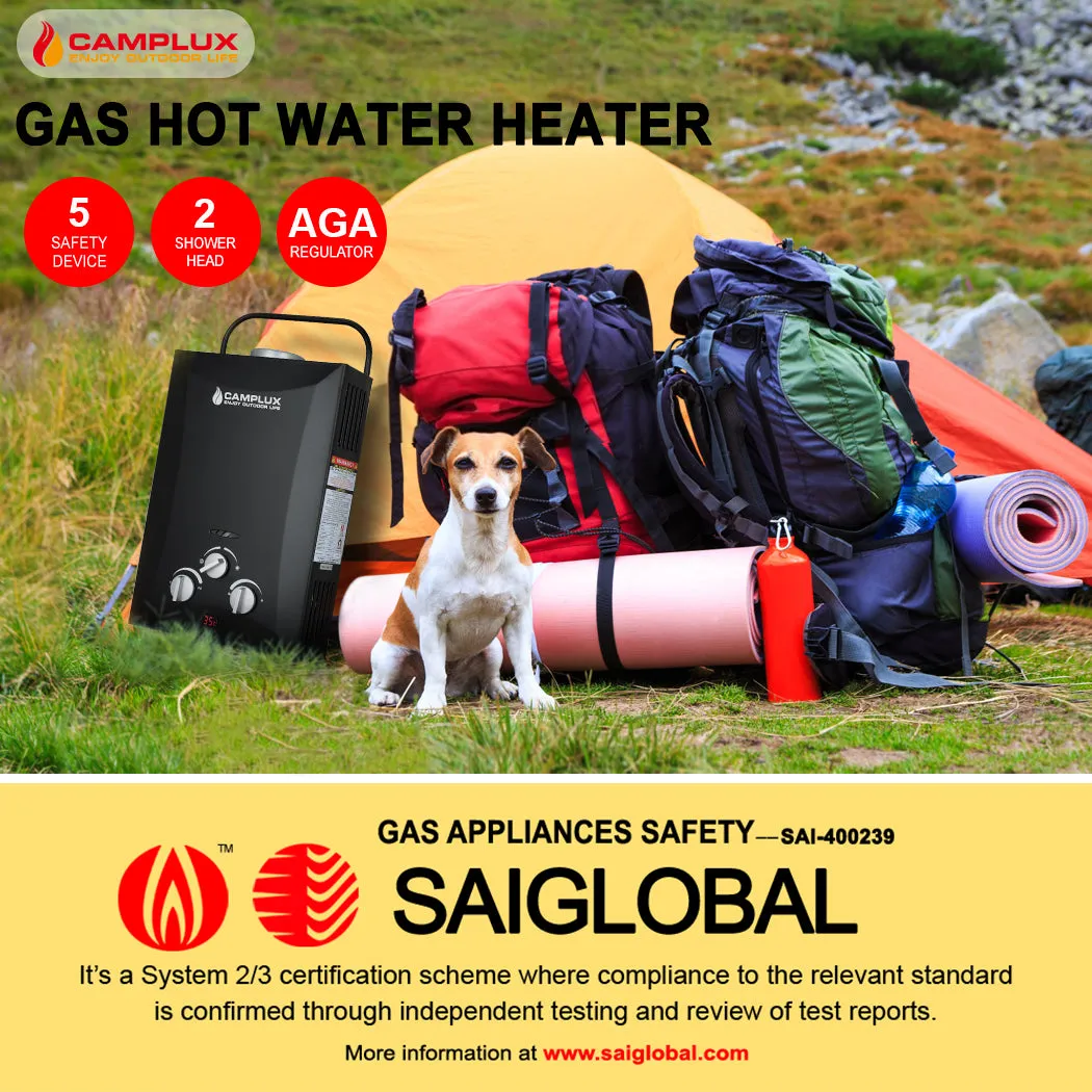 8 Liter Camplux Black Portable Water Heater with 6L Pump Pack