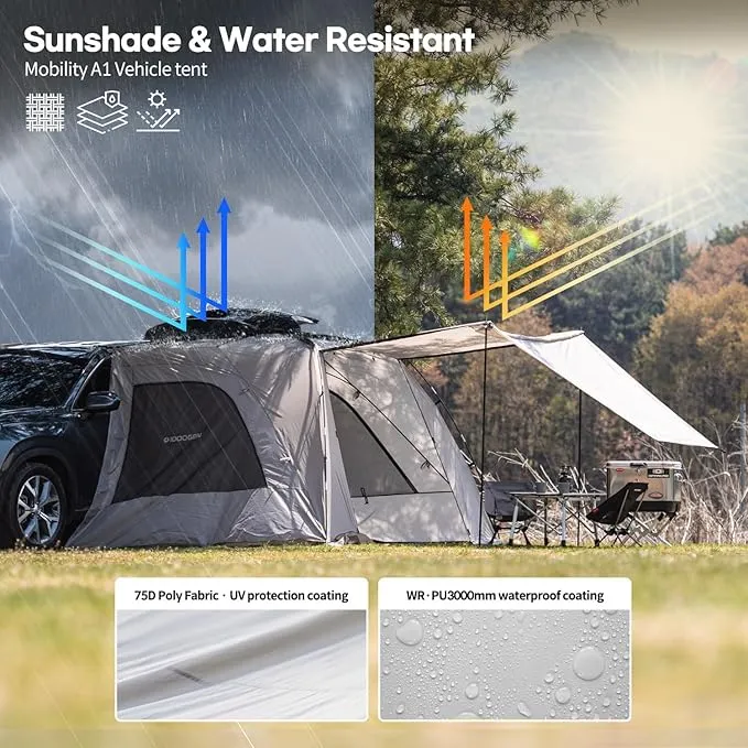 A1 Car Awning Outdoor Tent for SUV/MPV/Van,Achieve Canopy Waterproof Camping Tents with 3 Doors & 2 Mesh Windows,Suitable for The Rear or Side of A Car