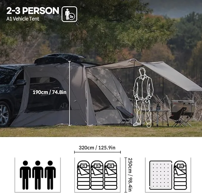 A1 Car Awning Outdoor Tent for SUV/MPV/Van,Achieve Canopy Waterproof Camping Tents with 3 Doors & 2 Mesh Windows,Suitable for The Rear or Side of A Car