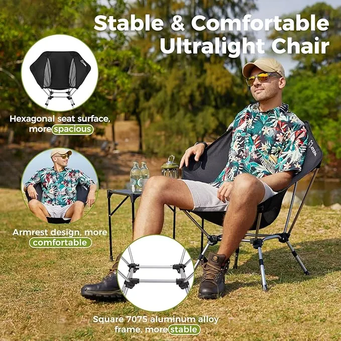 ATEPA Lightweight Compact Camping Chair for Adult Portable Backpacking Chair Ultralight Foldable Chairs for Outside, Hexagon Hiking Chair with Armrests 3 Height Adjustable, Supports 330Lbs