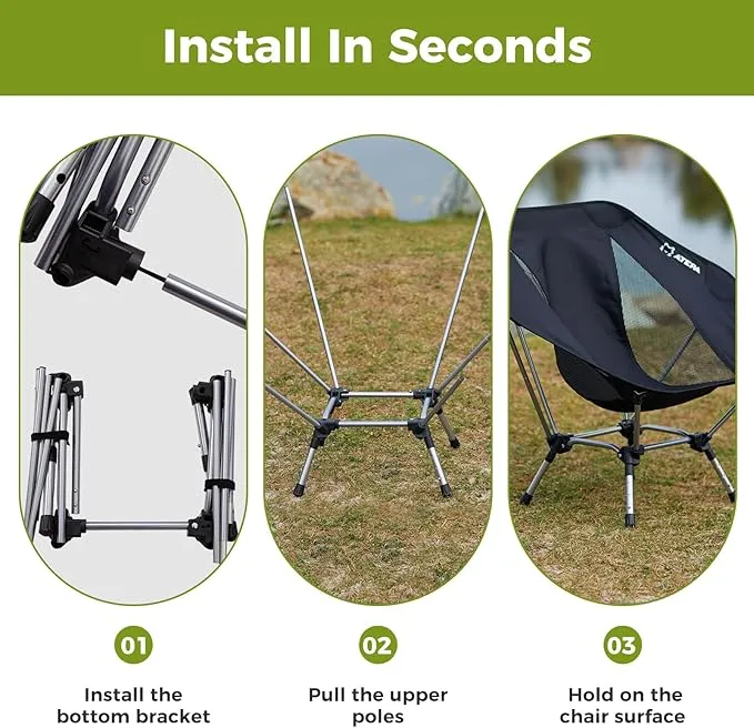 ATEPA Lightweight Compact Camping Chair for Adult Portable Backpacking Chair Ultralight Foldable Chairs for Outside, Hexagon Hiking Chair with Armrests 3 Height Adjustable, Supports 330Lbs