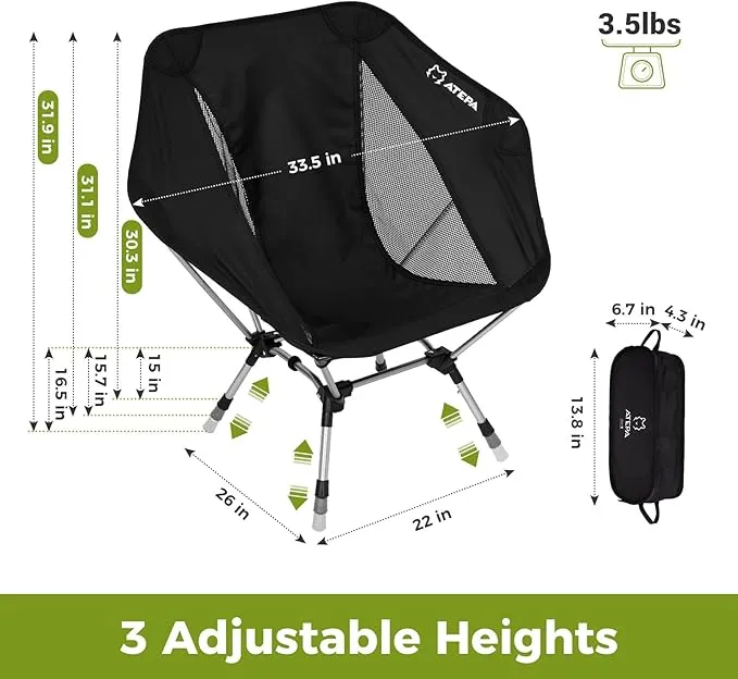 ATEPA Lightweight Compact Camping Chair for Adult Portable Backpacking Chair Ultralight Foldable Chairs for Outside, Hexagon Hiking Chair with Armrests 3 Height Adjustable, Supports 330Lbs
