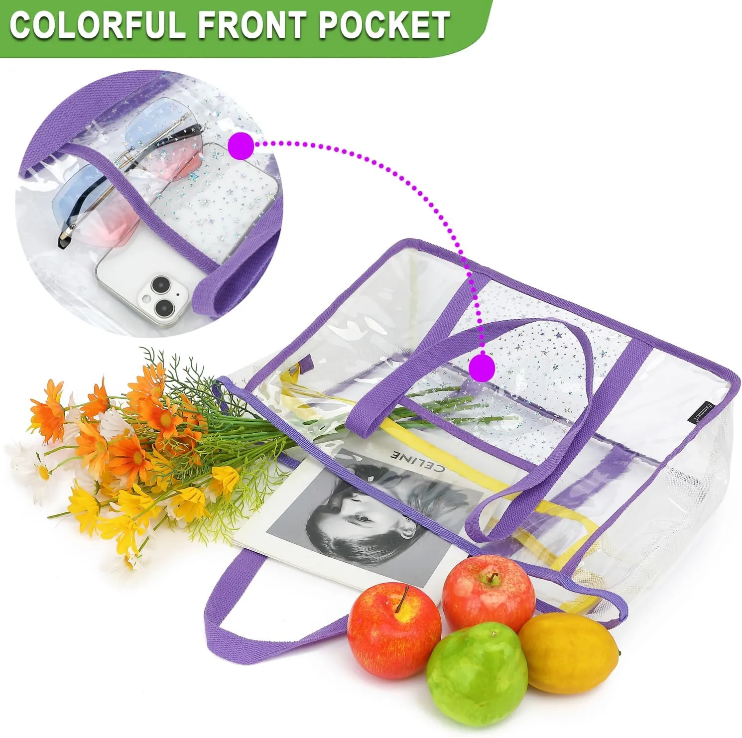 Clear Beach Bag for Women, Large Clear Tote Bag for Stadium Events - Zipper Closure, Waterproof, Sandproof