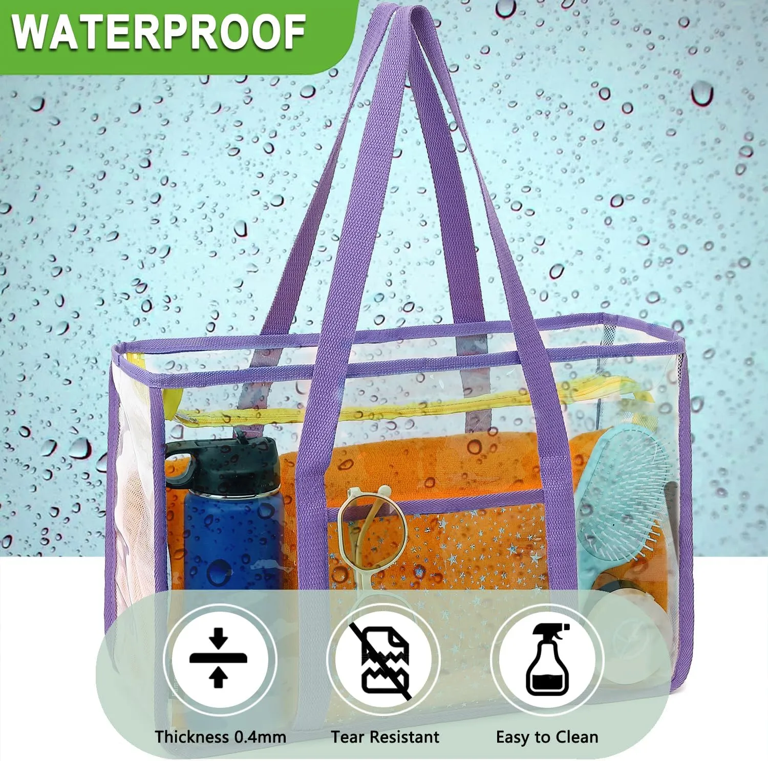 Clear Beach Bag for Women, Large Clear Tote Bag for Stadium Events - Zipper Closure, Waterproof, Sandproof
