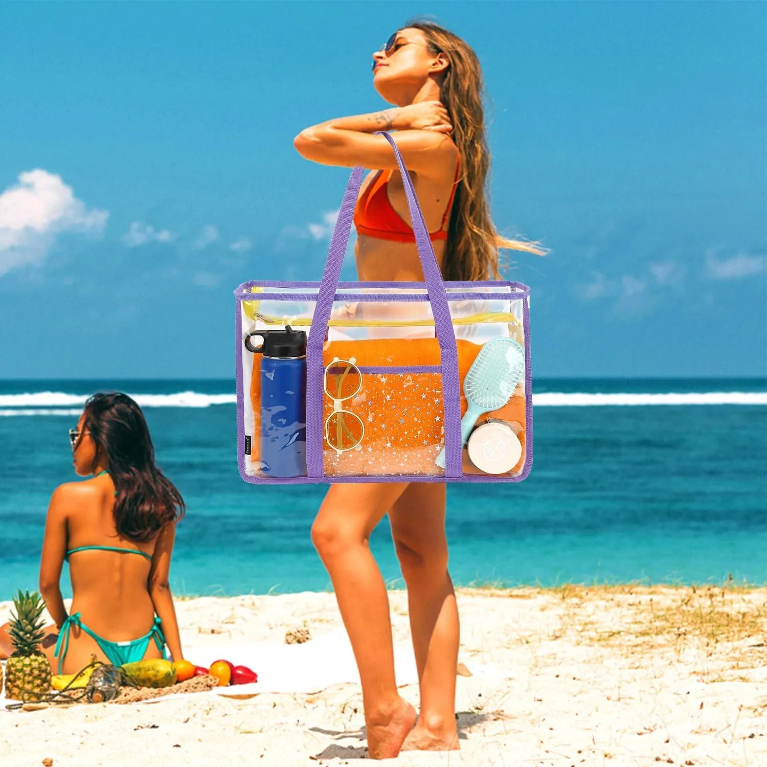 Clear Beach Bag for Women, Large Clear Tote Bag for Stadium Events - Zipper Closure, Waterproof, Sandproof