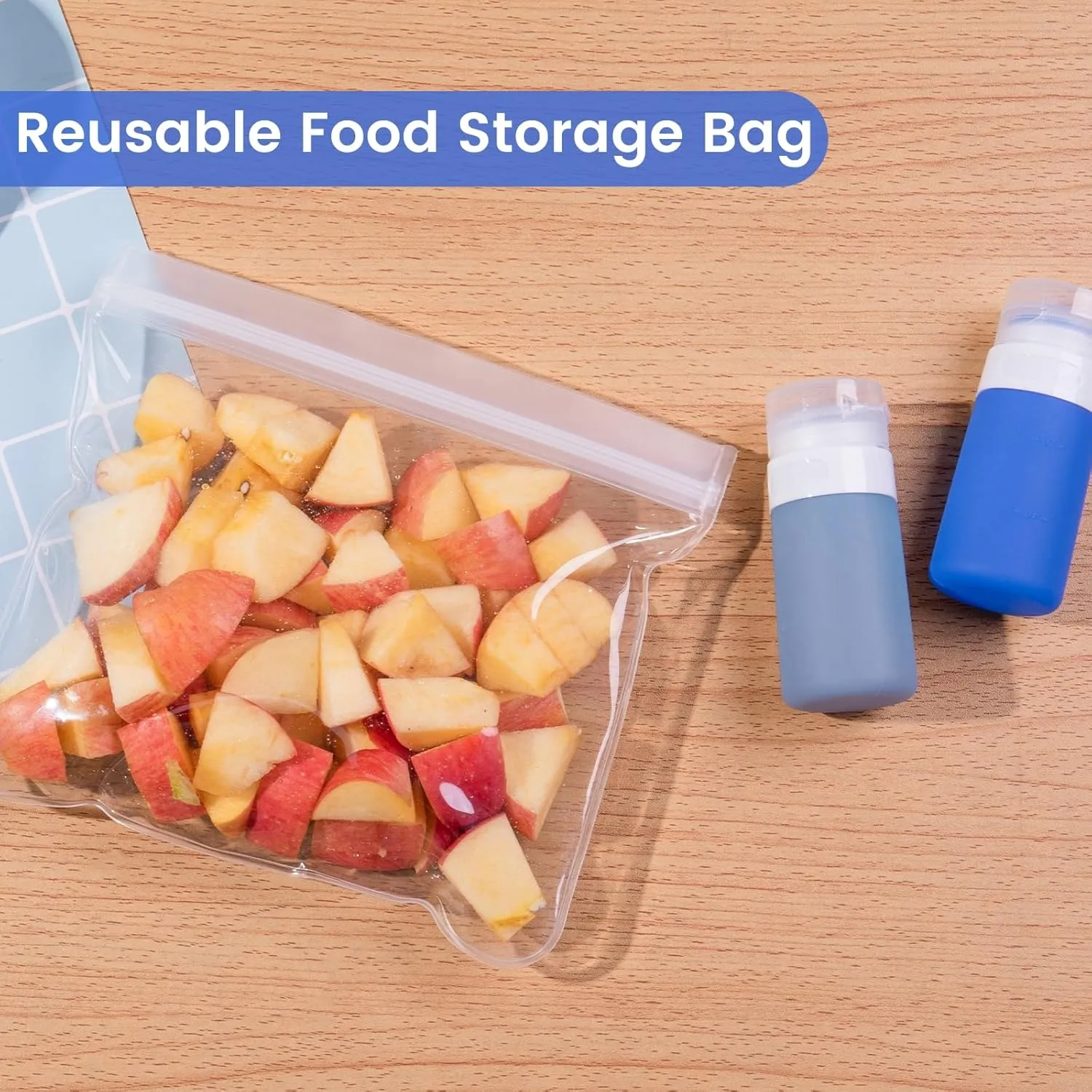 Condiment Squeeze Bottles for Sauces, 2-oz Mini Silicone Salad Dressing Container to Go with Snack Storage Bag, Leakproof Sauce Bottles for Lunch Box, 4 Pack, Blue