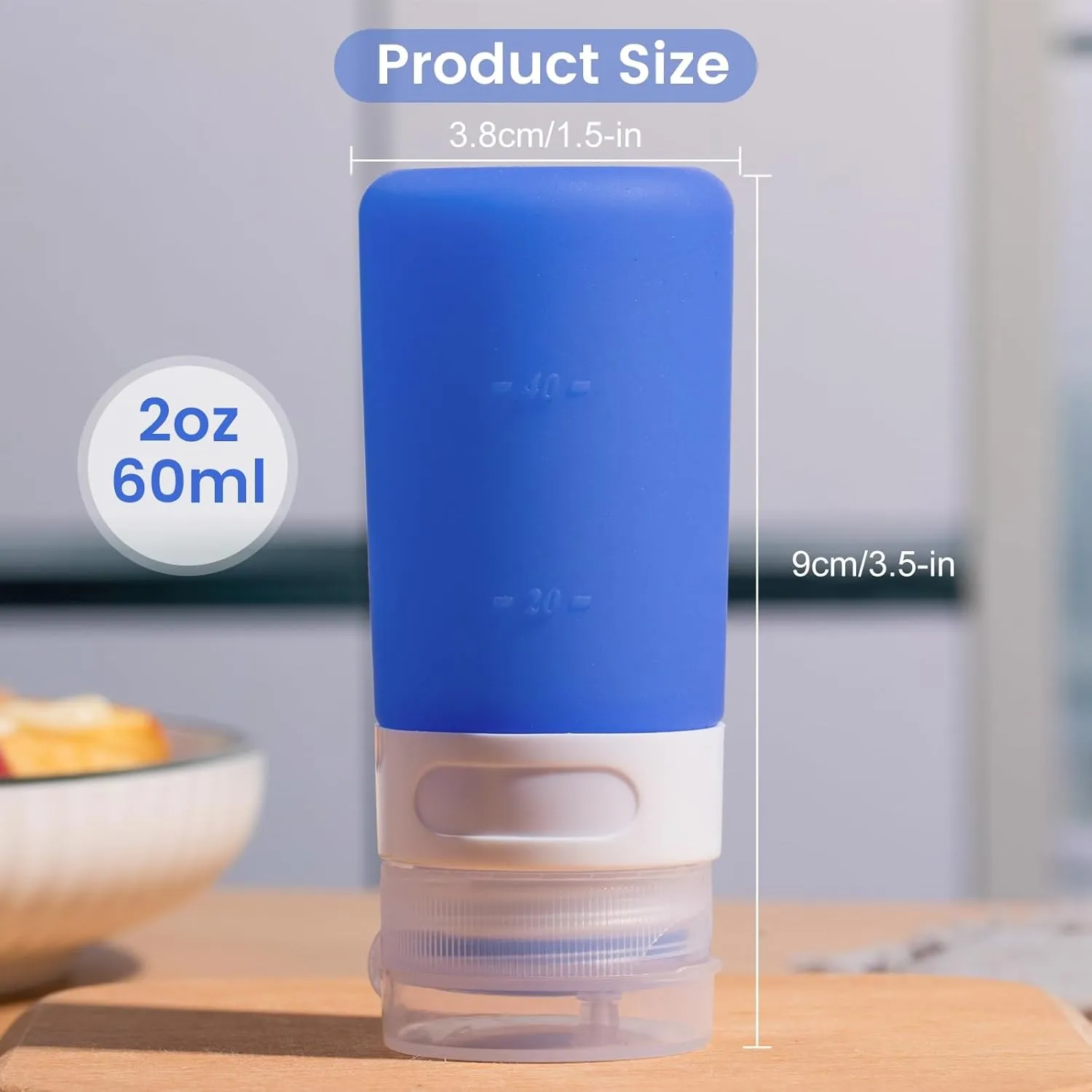 Condiment Squeeze Bottles for Sauces, 2-oz Mini Silicone Salad Dressing Container to Go with Snack Storage Bag, Leakproof Sauce Bottles for Lunch Box, 4 Pack, Blue