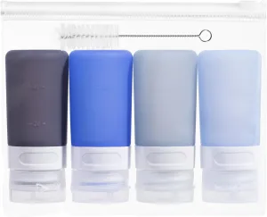 Condiment Squeeze Bottles for Sauces, 2-oz Mini Silicone Salad Dressing Container to Go with Snack Storage Bag, Leakproof Sauce Bottles for Lunch Box, 4 Pack, Blue