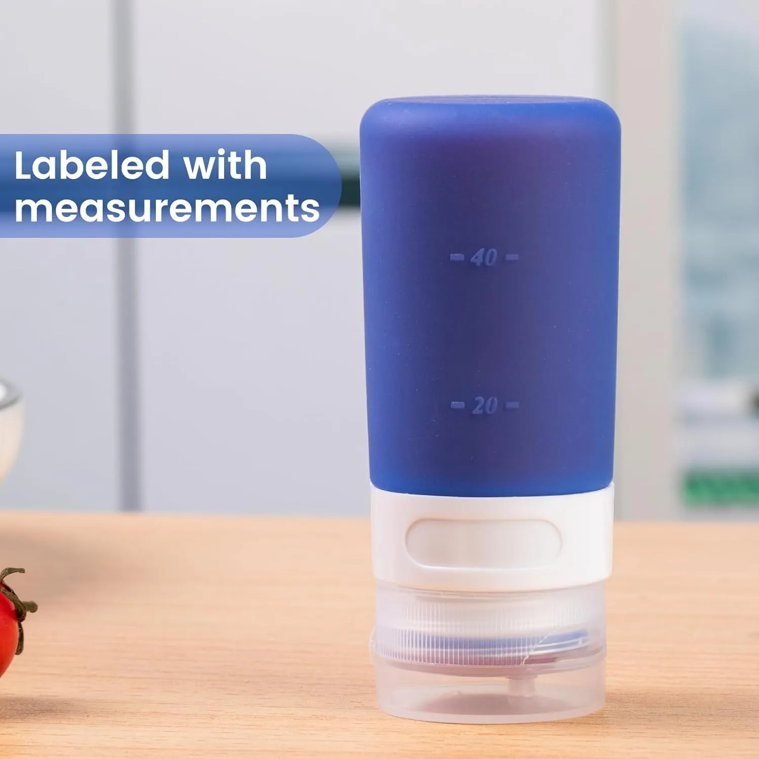 Condiment Squeeze Bottles for Sauces, 2-oz Mini Silicone Salad Dressing Container to Go with Snack Storage Bag, Leakproof Sauce Bottles for Lunch Box, 4 Pack, Blue