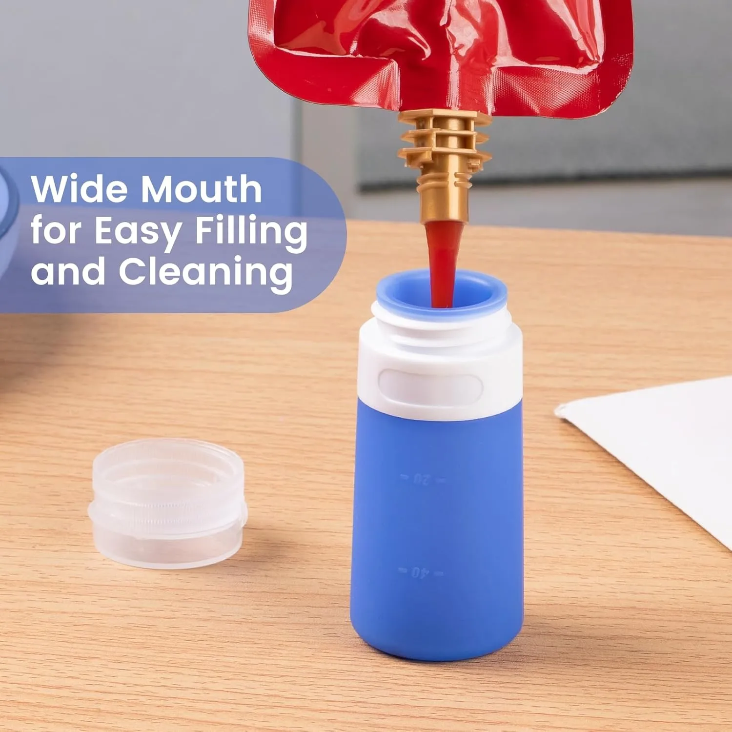 Condiment Squeeze Bottles for Sauces, 2-oz Mini Silicone Salad Dressing Container to Go with Snack Storage Bag, Leakproof Sauce Bottles for Lunch Box, 4 Pack, Blue