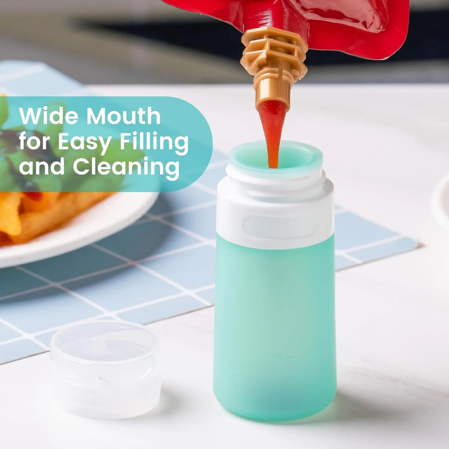 Condiment Squeeze Bottles for Sauces, 2-oz Mini Silicone Salad Dressing Container to Go with Snack Storage Bag, Leakproof Sauce Bottles for Lunch Box, 4 Pack, Mint