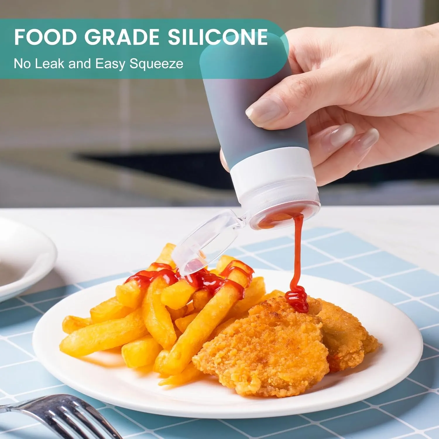 Condiment Squeeze Bottles for Sauces, 2-oz Mini Silicone Salad Dressing Container to Go with Snack Storage Bag, Leakproof Sauce Bottles for Lunch Box, 4 Pack, Mint