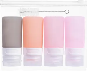 Condiment Squeeze Bottles for Sauces, 2-oz Mini Silicone Salad Dressing Container to Go with Snack Storage Bag, Leakproof Sauce Bottles for Lunch Box, 4 Pack, Pink