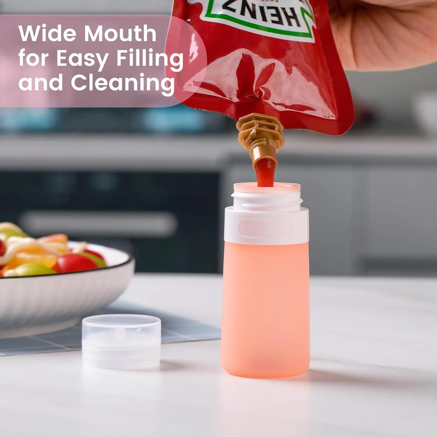 Condiment Squeeze Bottles for Sauces, 2-oz Mini Silicone Salad Dressing Container to Go with Snack Storage Bag, Leakproof Sauce Bottles for Lunch Box, 4 Pack, Pink
