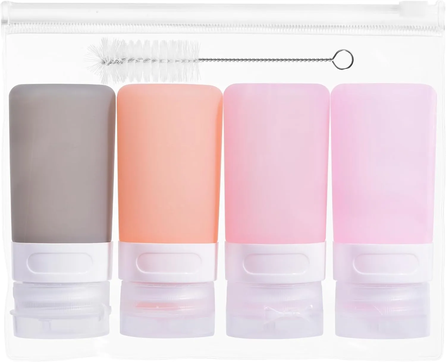 Condiment Squeeze Bottles for Sauces, 2-oz Mini Silicone Salad Dressing Container to Go with Snack Storage Bag, Leakproof Sauce Bottles for Lunch Box, 4 Pack, Pink