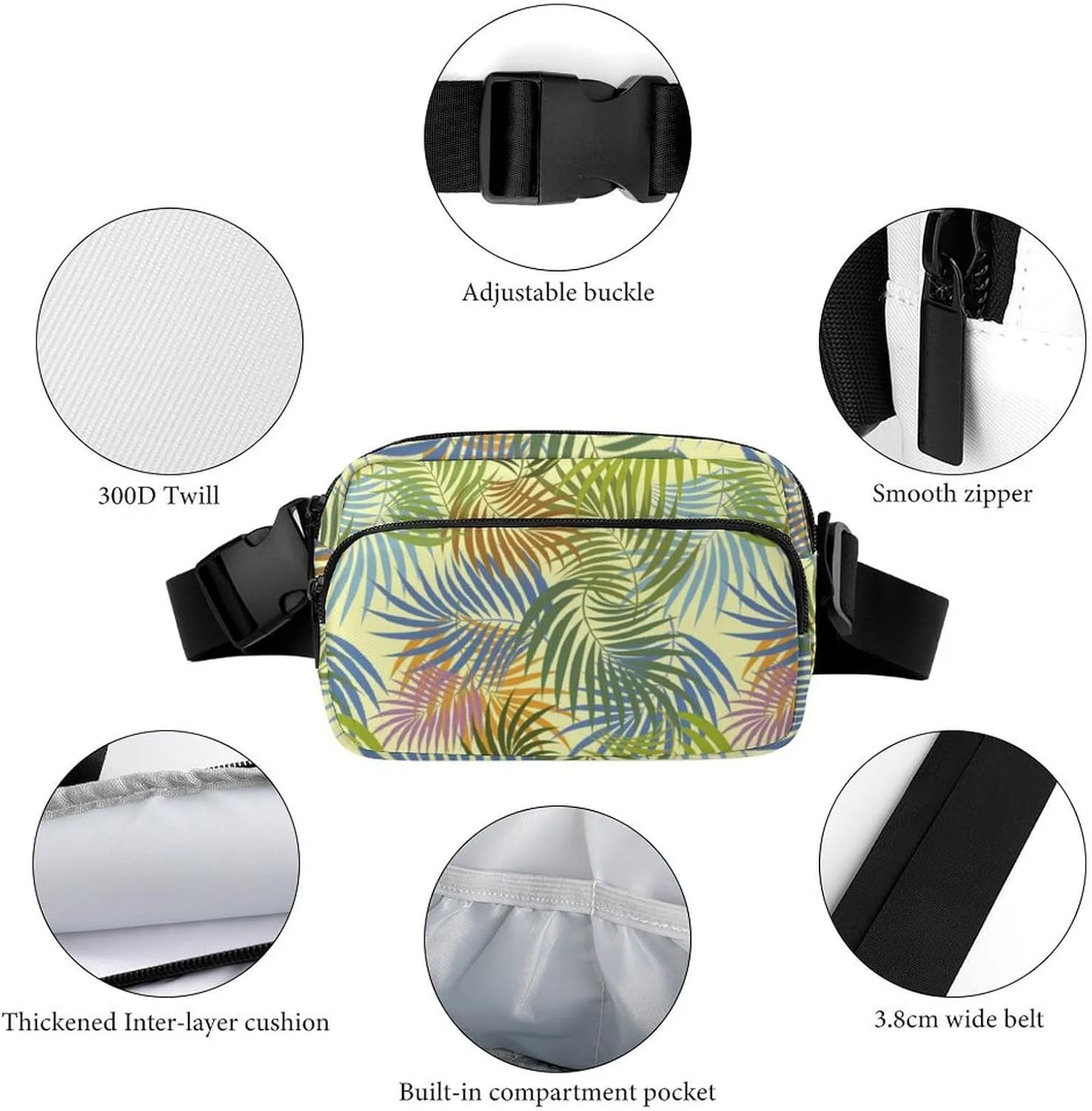 Fanny Pack for Women Men Colorful Palm Summer Belt Bag Tropical Waist Pack Bum Bag for Running Cycling Hiking Travel Workout with Adjustable Strap