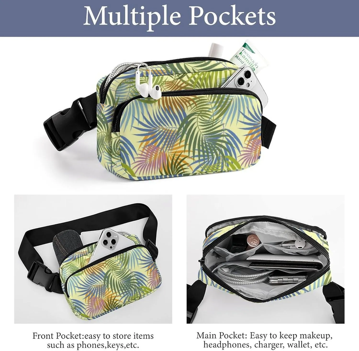 Fanny Pack for Women Men Colorful Palm Summer Belt Bag Tropical Waist Pack Bum Bag for Running Cycling Hiking Travel Workout with Adjustable Strap