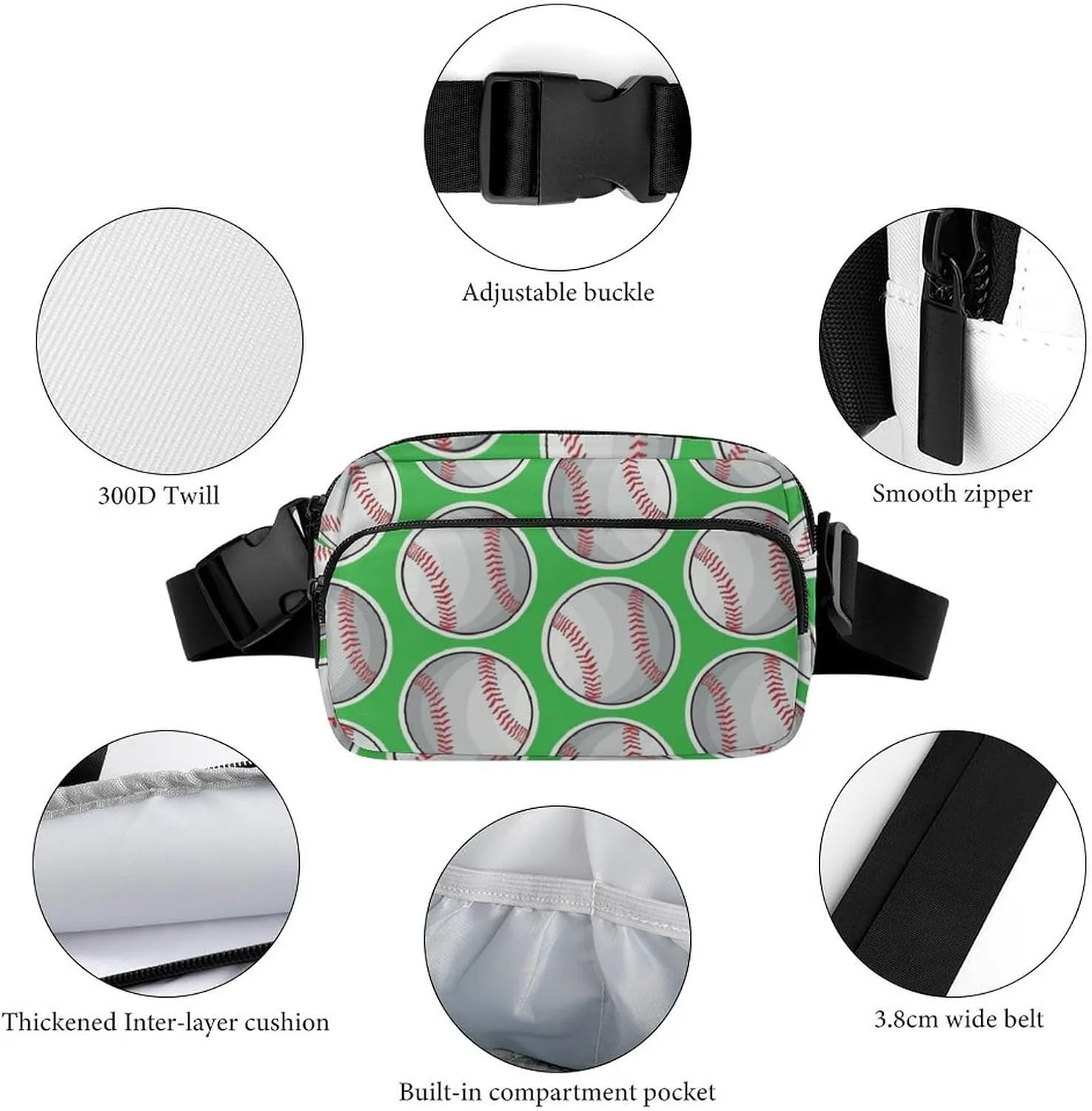 Fanny Pack for Women Men Green Baseball Softball Belt Bag Waist Pack Bum Bag for Running Cycling Hiking Travel Workout with Adjustable Strap