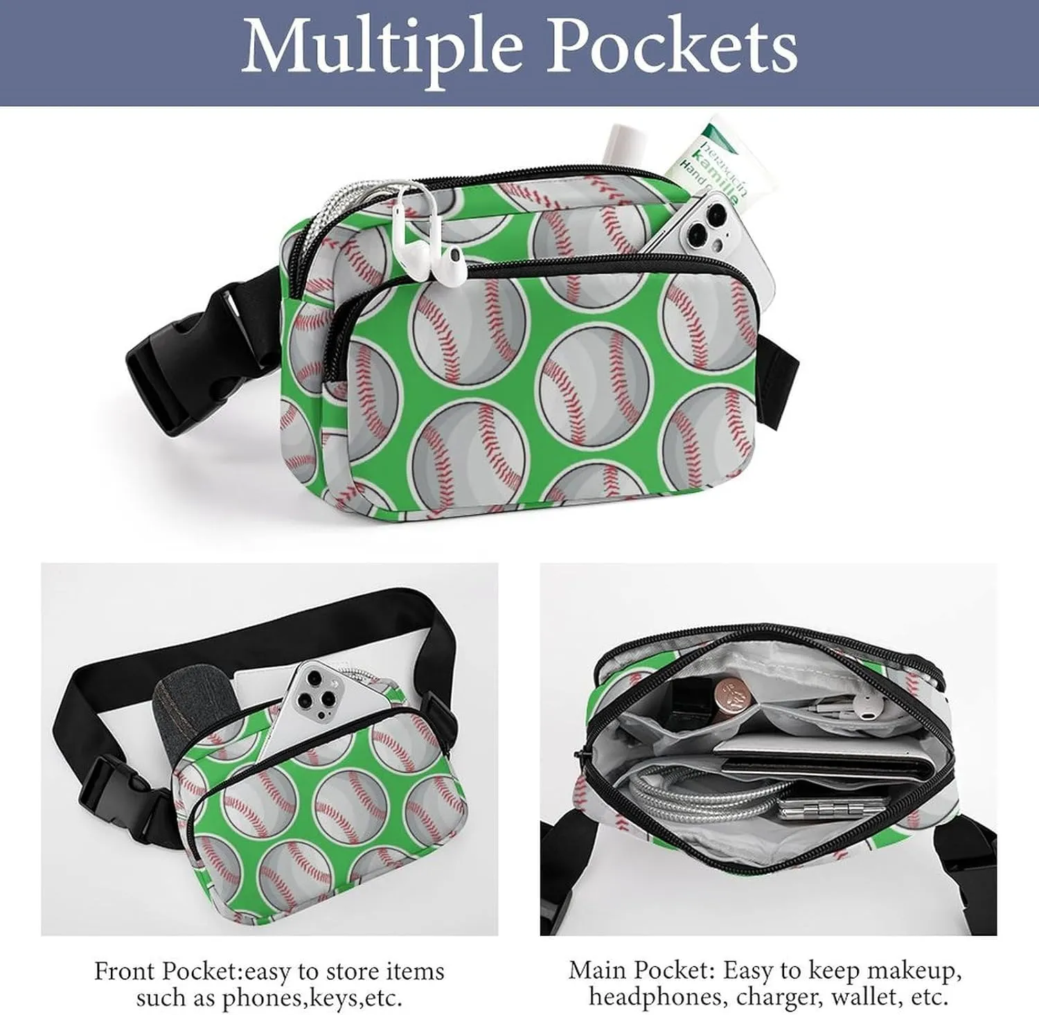 Fanny Pack for Women Men Green Baseball Softball Belt Bag Waist Pack Bum Bag for Running Cycling Hiking Travel Workout with Adjustable Strap