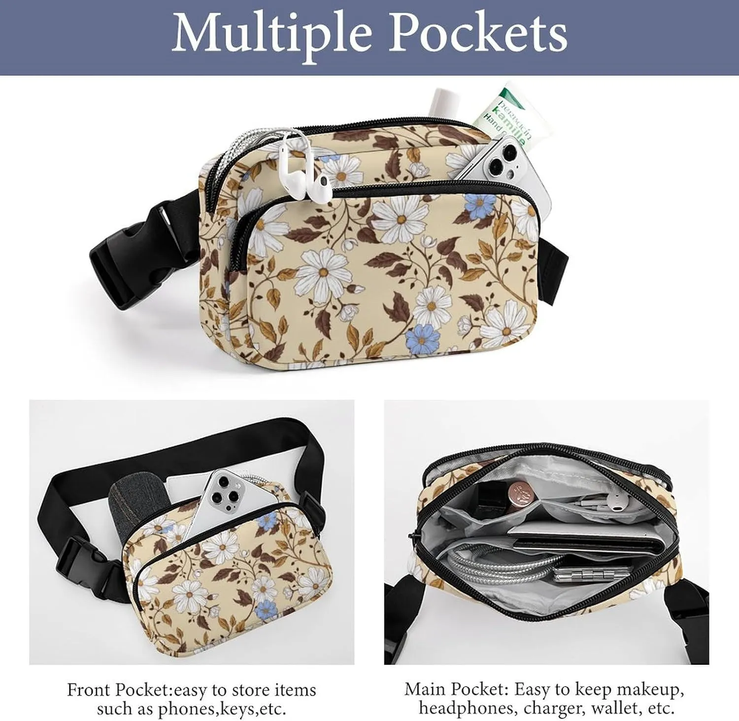 Fanny Pack for Women Men Summer Flowers Belt Bag Waist Pack Bum Bag for Running Cycling Hiking Travel Workout with Adjustable Strap