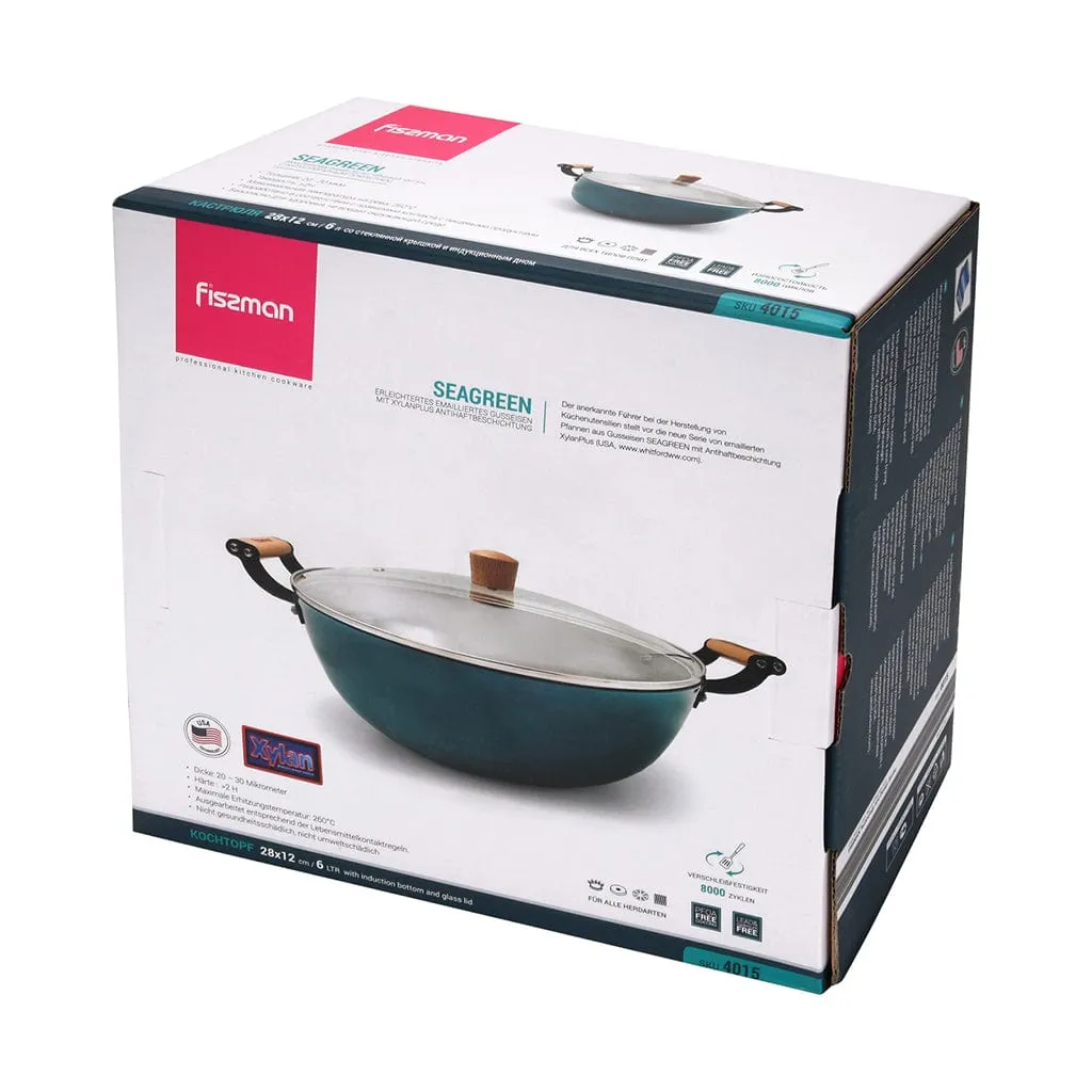 Fissman Stockpot Seagreen Series Series With Glass Lid Enamelled Lightweight Cast Iron With Non-Stick Coating 28x12cm/6LTR