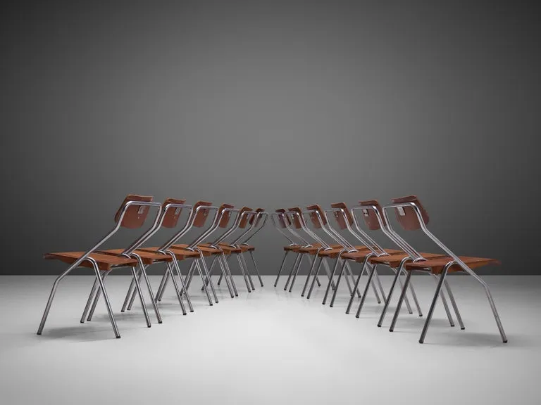 Large Set of Dutch Chairs with Chrome Tubular Frame