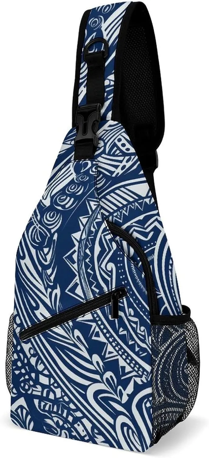 Lightweight Chest Bag Crossbody Bag Blue Polynesian Maori Tribal Pattern Sling Backpack for Women Men Sports Travel