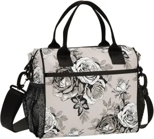 Monochrome Rose Leaves Beige Insulated Lunch Bag Reusable Lunch Box for Men Women Leakproof Cooler Tote Bag with Adjustable Shoulder Strap Lunch Container for Work Picnic Office Camping Travel