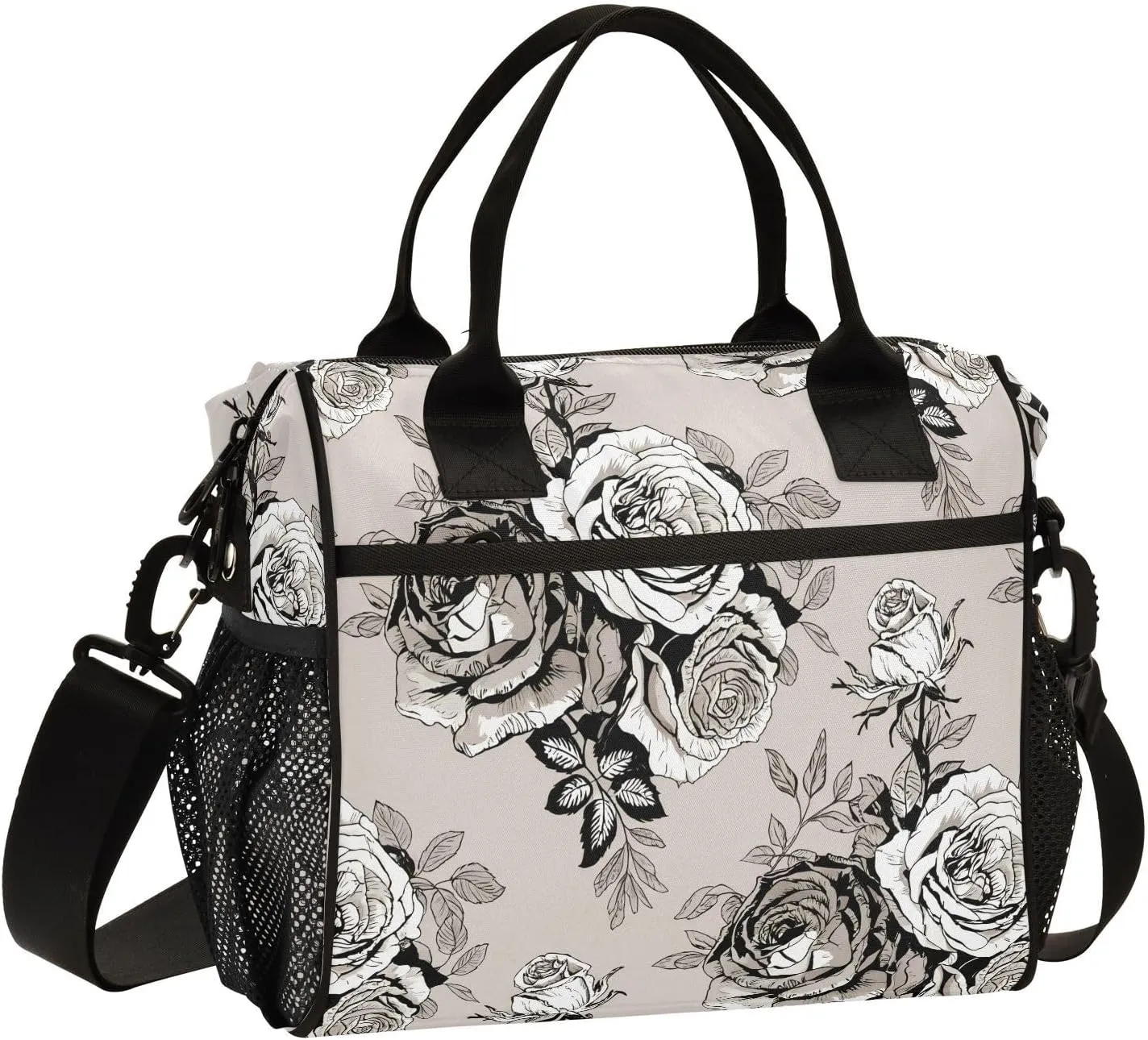 Monochrome Rose Leaves Beige Insulated Lunch Bag Reusable Lunch Box for Men Women Leakproof Cooler Tote Bag with Adjustable Shoulder Strap Lunch Container for Work Picnic Office Camping Travel