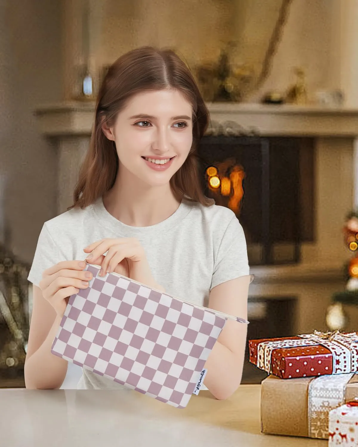Narwey Small Checkered Makeup Bag for Purse Small Cosmetic Bag Women Travel Makeup Pouch Zipper Pouch (Dusty Rose Checkerboard)