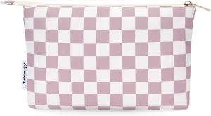 Narwey Small Checkered Makeup Bag for Purse Small Cosmetic Bag Women Travel Makeup Pouch Zipper Pouch (Dusty Rose Checkerboard)