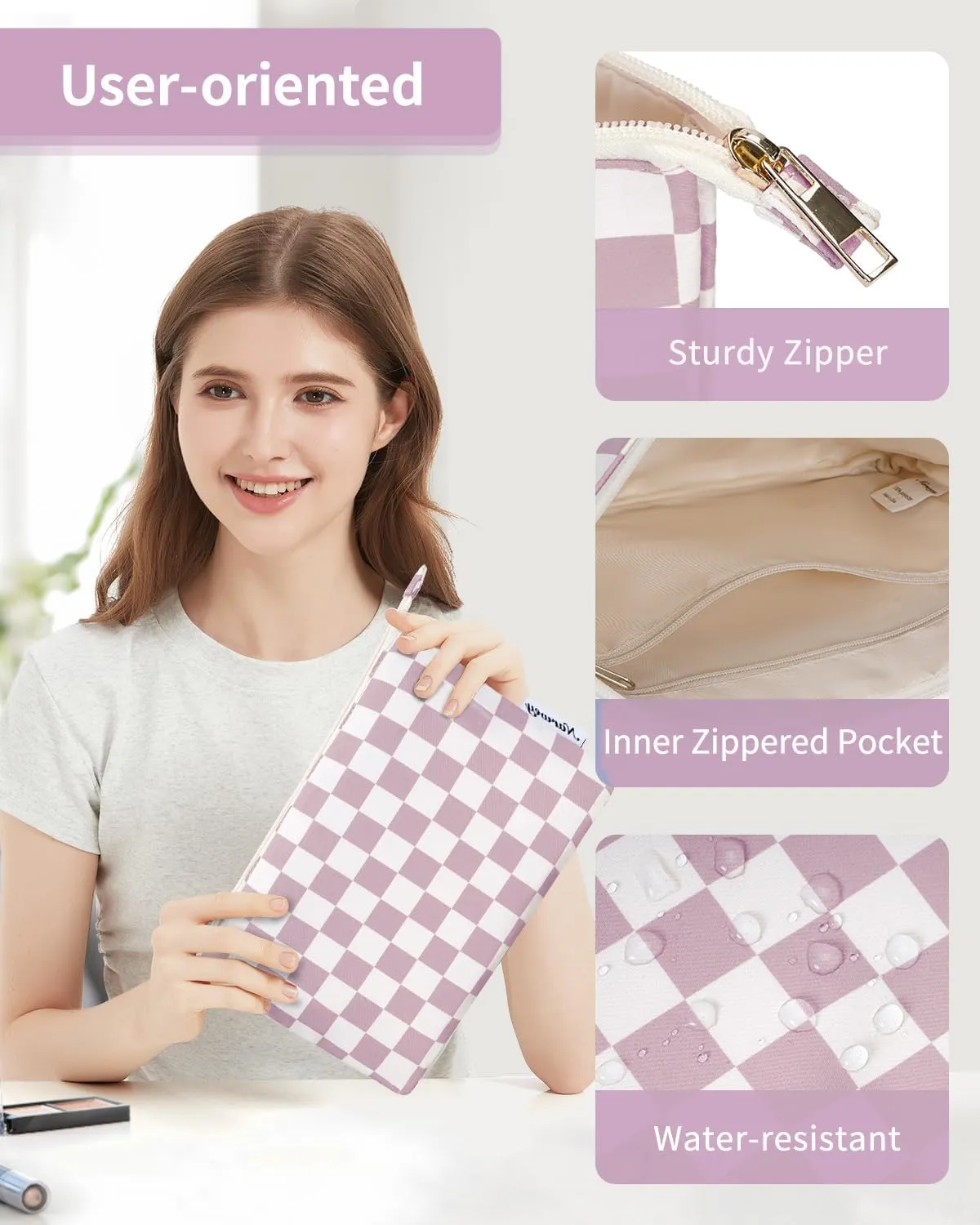 Narwey Small Checkered Makeup Bag for Purse Small Cosmetic Bag Women Travel Makeup Pouch Zipper Pouch (Dusty Rose Checkerboard)