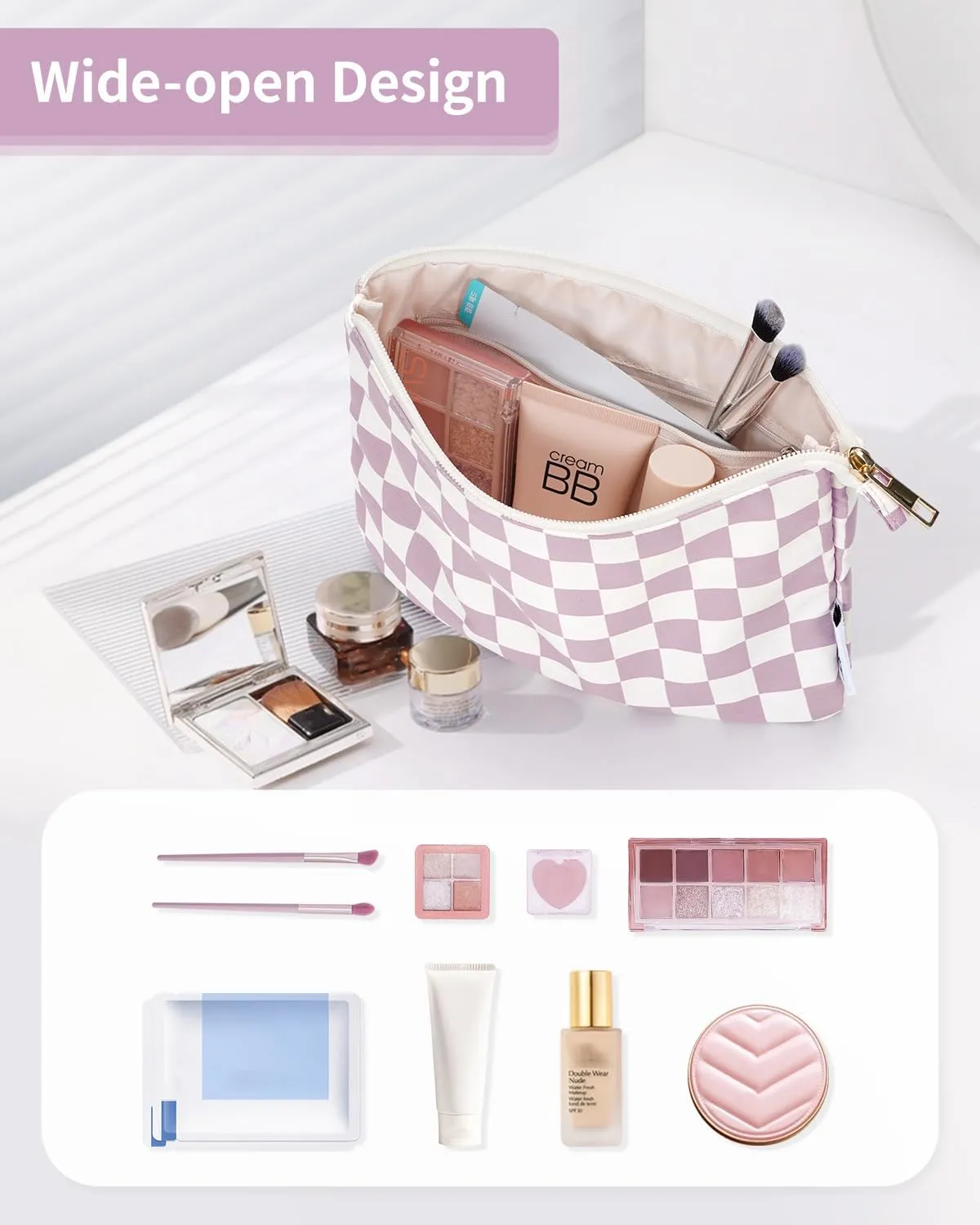 Narwey Small Checkered Makeup Bag for Purse Small Cosmetic Bag Women Travel Makeup Pouch Zipper Pouch (Dusty Rose Checkerboard)