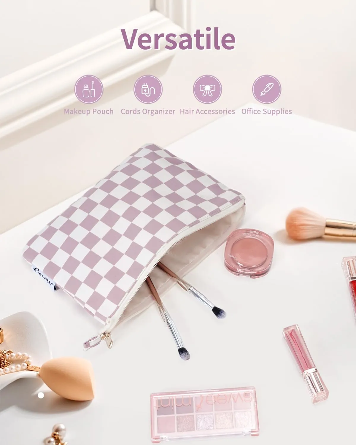 Narwey Small Checkered Makeup Bag for Purse Small Cosmetic Bag Women Travel Makeup Pouch Zipper Pouch (Dusty Rose Checkerboard)